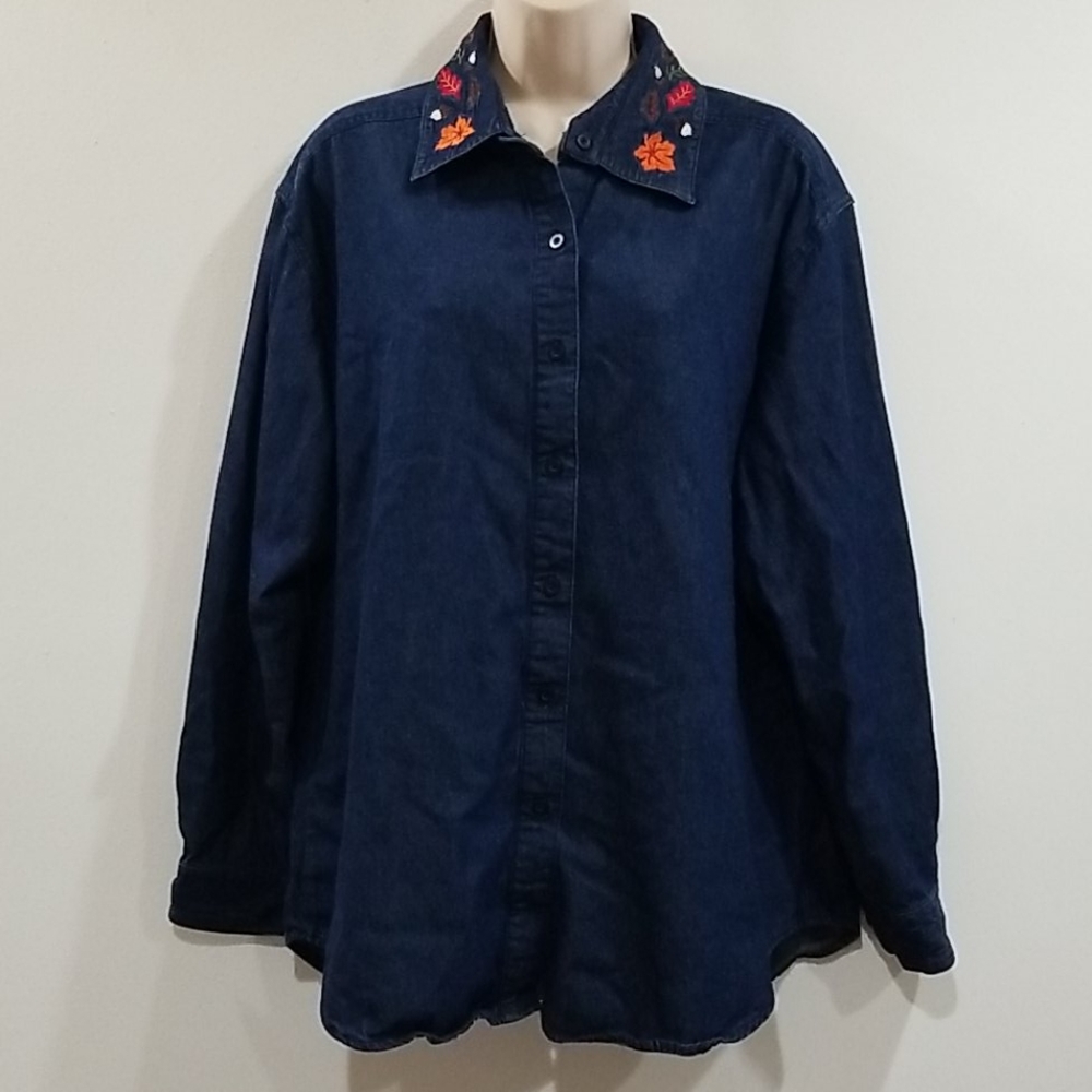 Style studio blue denim embroidered collar shirt